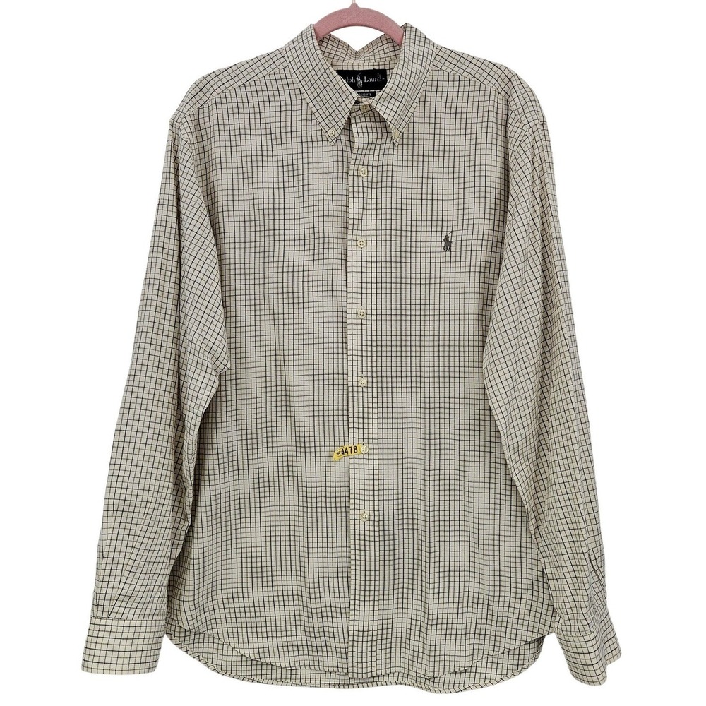 Ralph Lauren Shirt Men XL Cream Gray Check Classic Fit Button Down Preppy Office